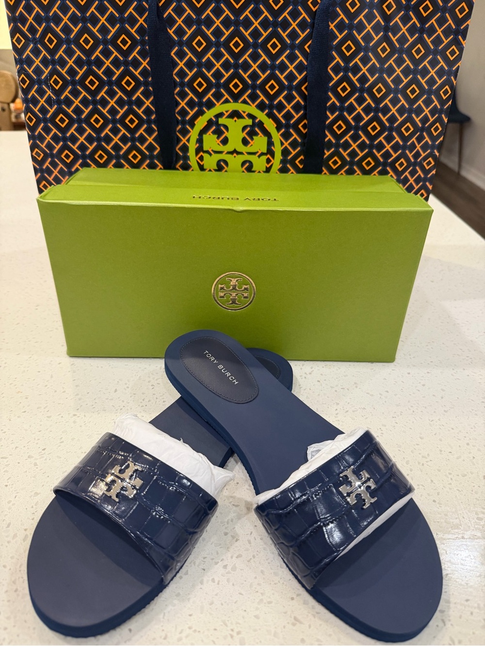 New in the Box Tory Burch Navy Croc-Embossed Logo Slide Sandals